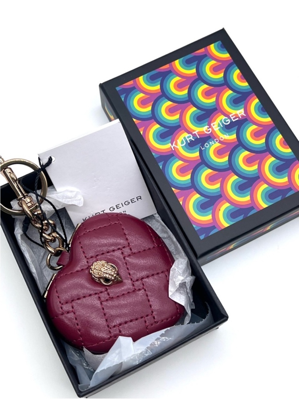 Kurt Geiger Quilted Burgundy Heart Key Charm NWT